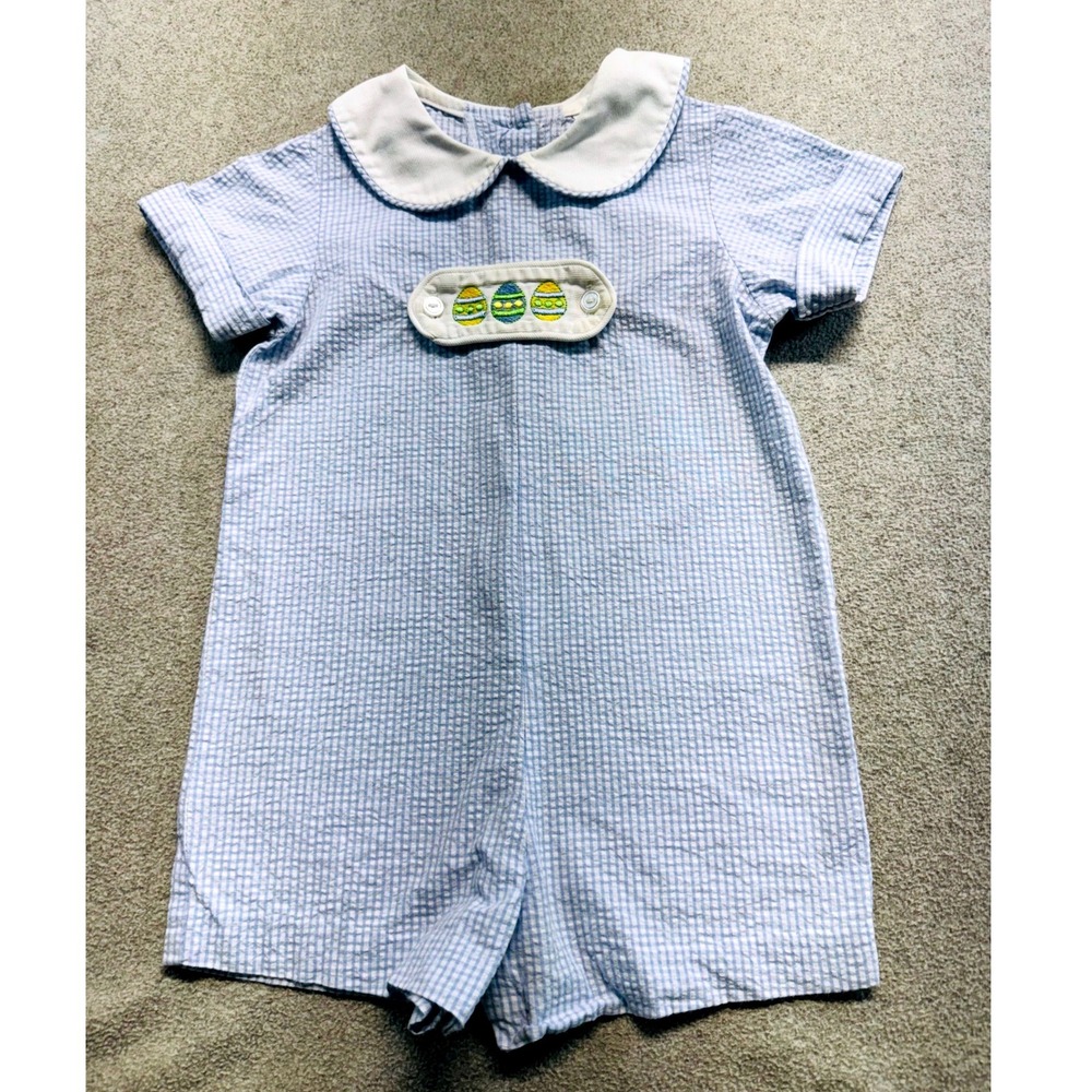 Vintage Baby Romper 18M Blue Seersucker Easter Egg Embroidered Made USA Classic